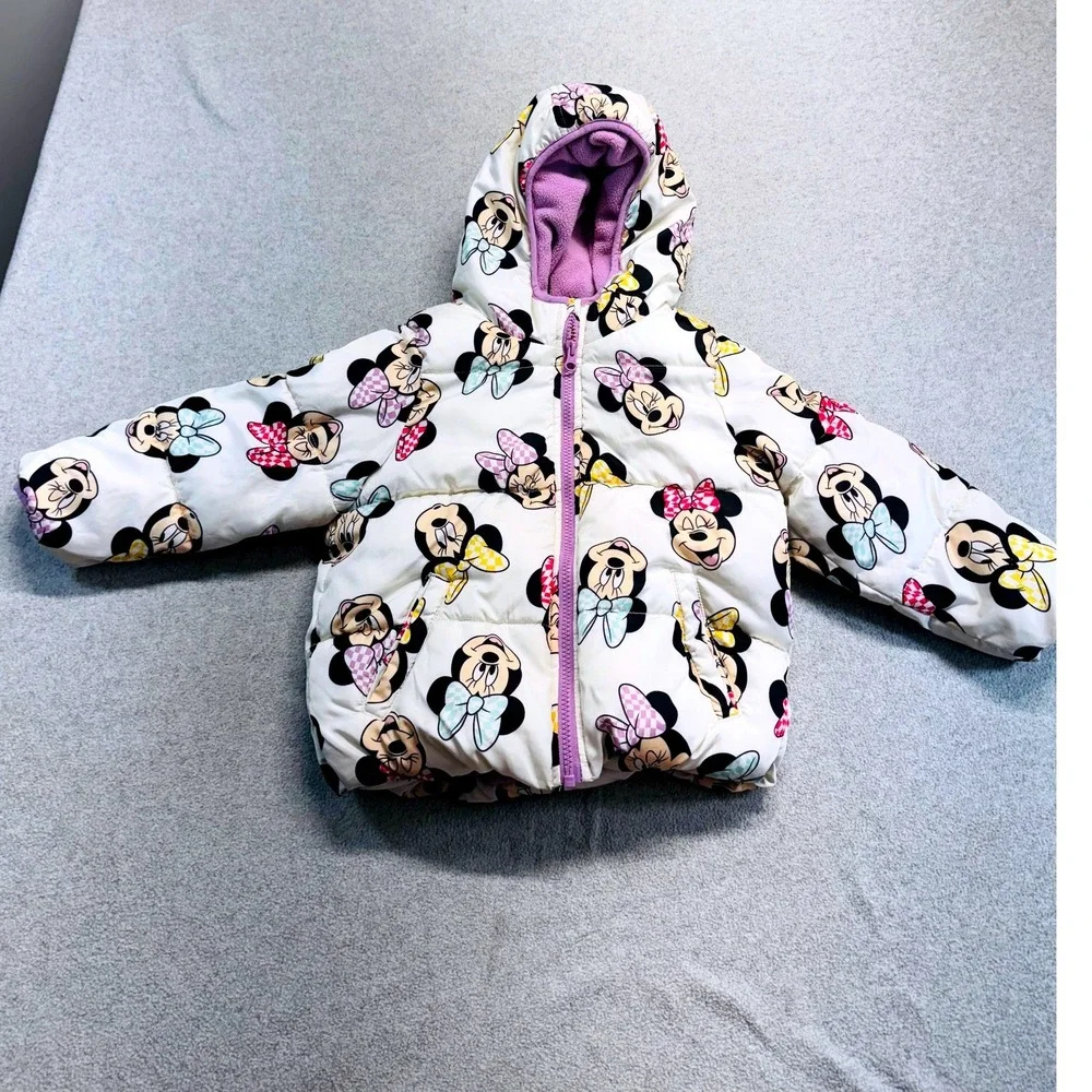 Disney Jumping Beans Puffer Jacket Kids 5T White Minnie Mouse Fleece Lined Coat